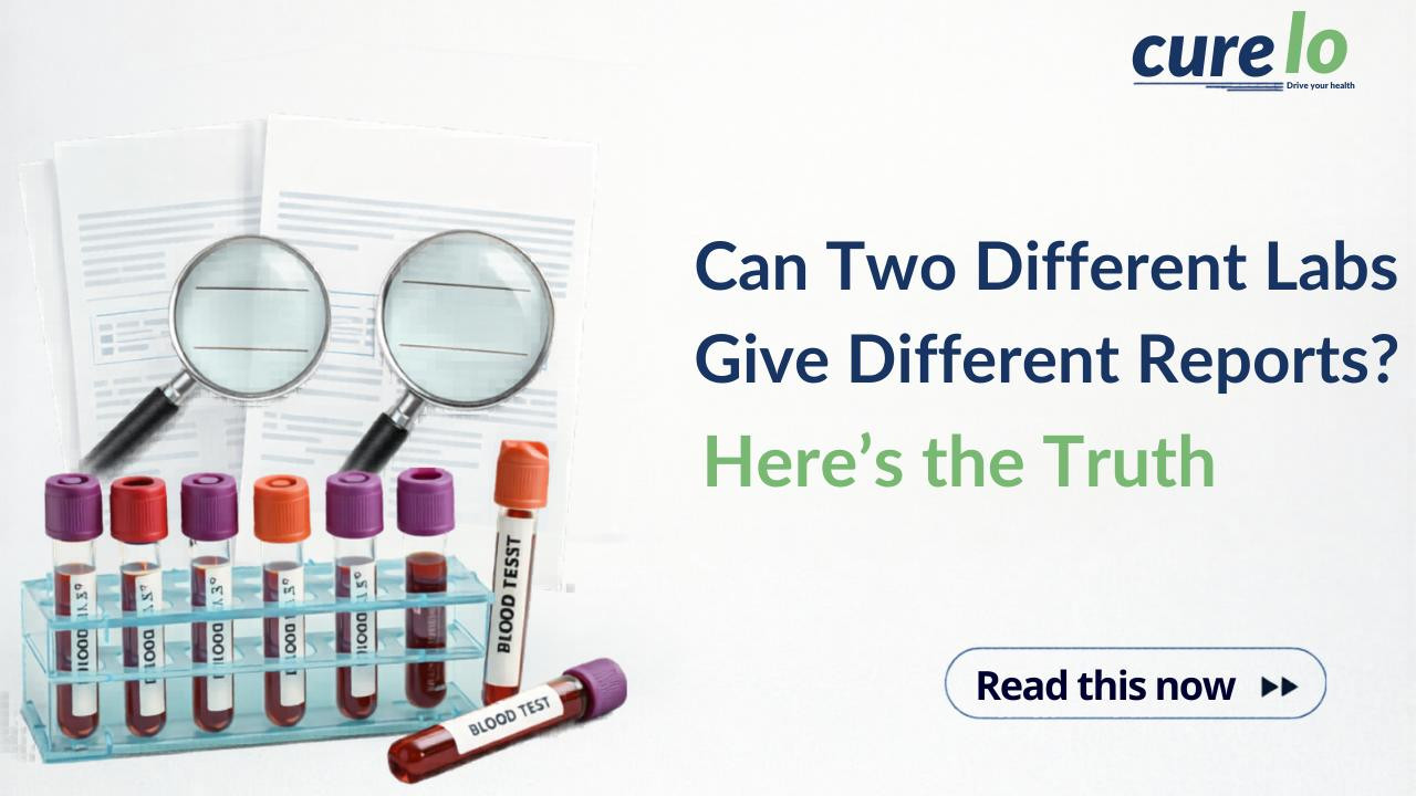 Blood test vials in a rack with magnifying glasses over medical reports, titled Can Two Different Labs Give Different Reports.