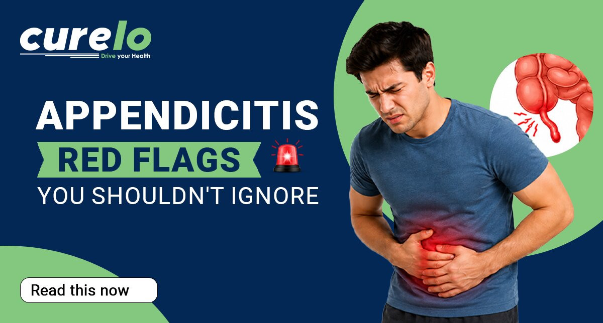 Diagram showing right side stomach pain and appendicitis warning signs and stages