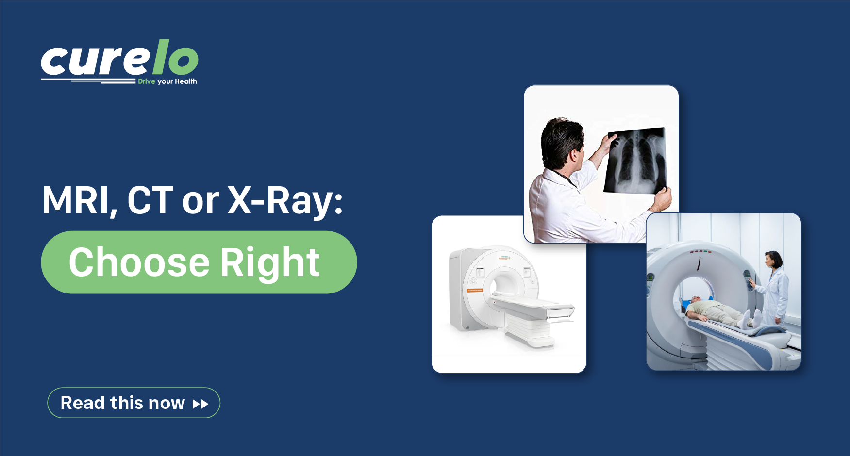 Comparison of MRI machine, CT scan procedure, and doctor reviewing a chest X-ray