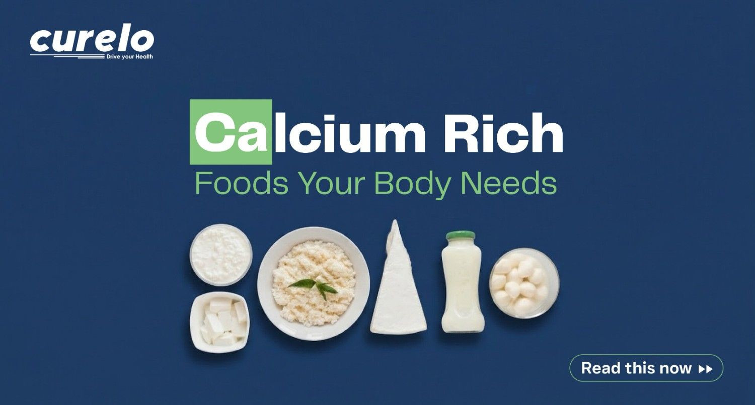 Flat lay of calcium-rich dairy products including milk, yogurt, cheese, and paneer for bone health.