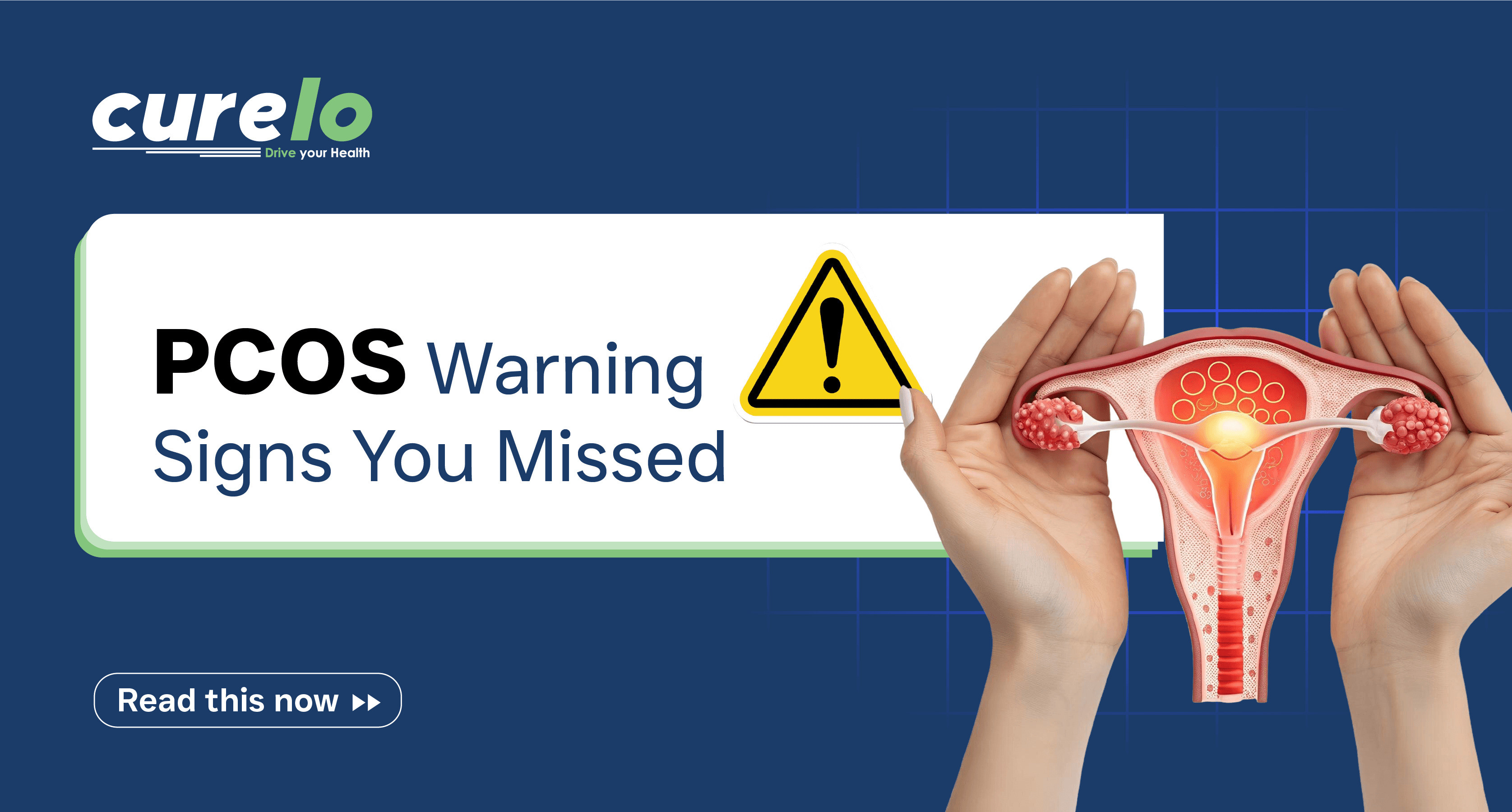 Medical illustration of ovaries and uterus held in hands with a warning sign about PCOS symptoms.