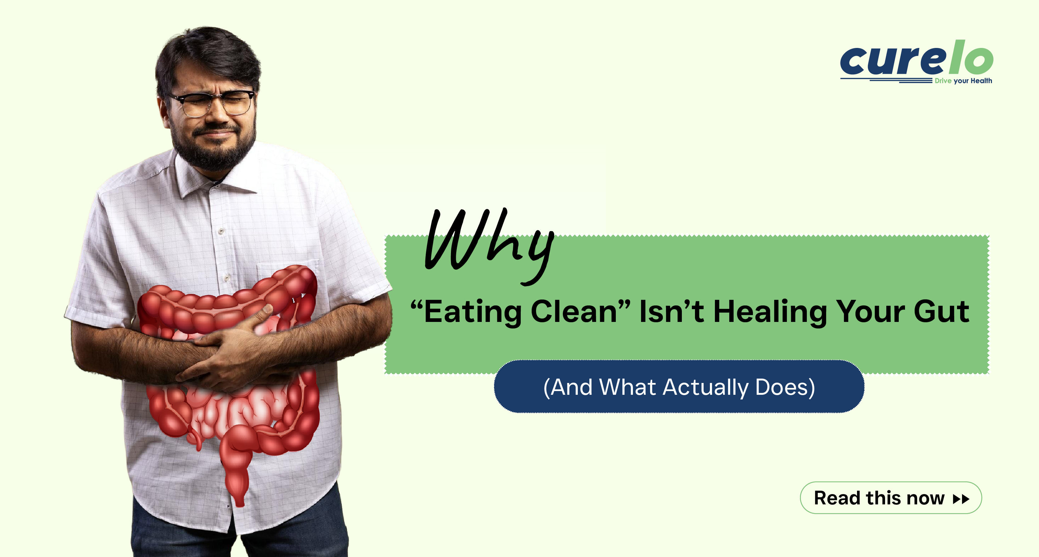 The 3–5 Day Gut Reset: How to Repair Your Gut Lining Naturally A man holding his stomach in discomfort with a graphic overlay of the digestive system and text titled "Why Eating Clean Isn't Healing Your Gut.