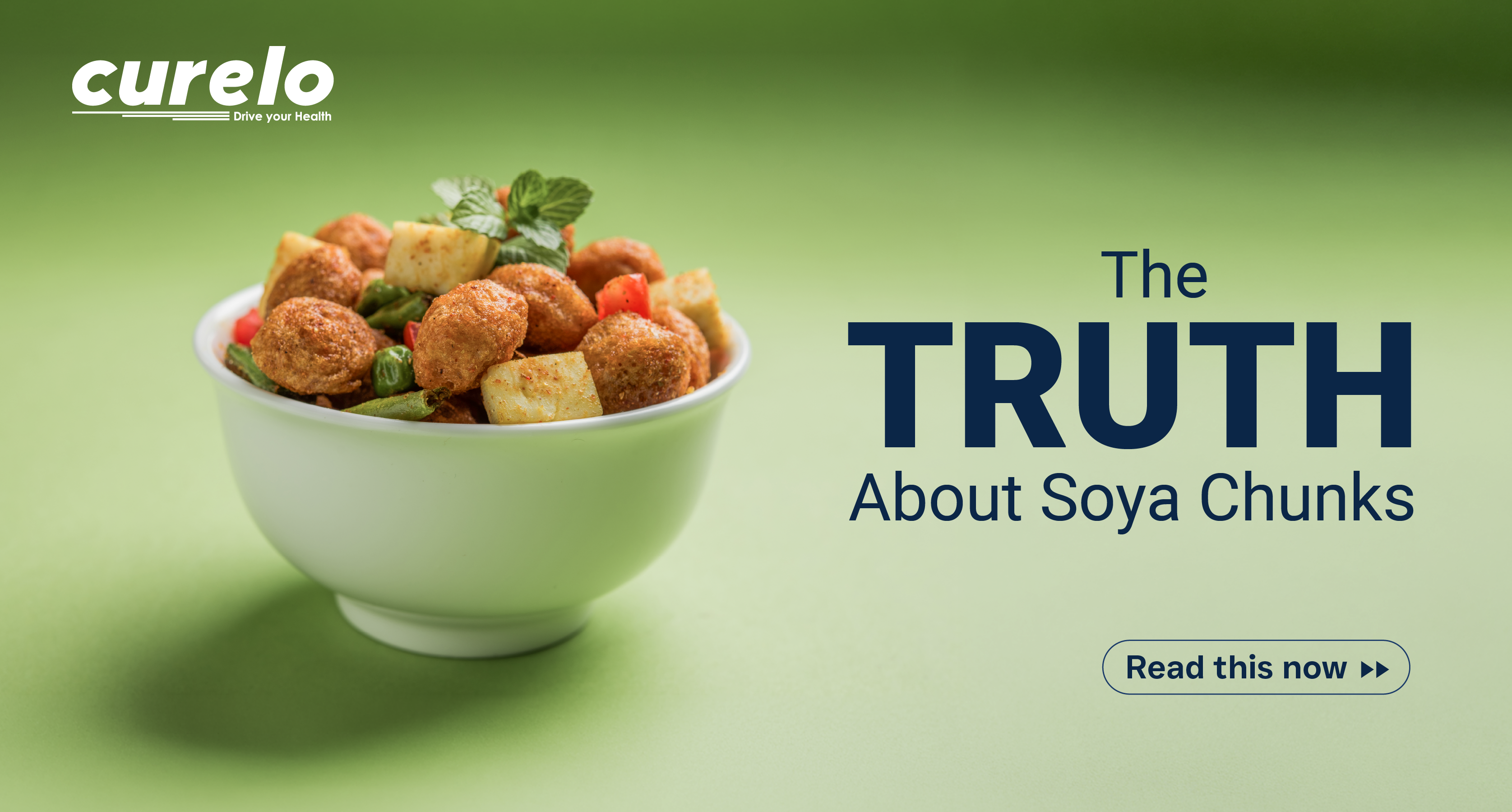 Soya Chunks Benefits: 52g Protein, Nutrition & Side Effects A bowl of seasoned soya chunks with vegetables and herbs, presented as a healthy plant-based protein meal by Curelo.
