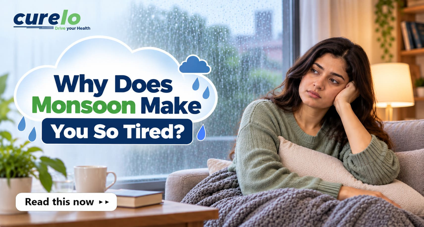 Person looking exhausted near a window on a rainy day representing monsoon fatigue