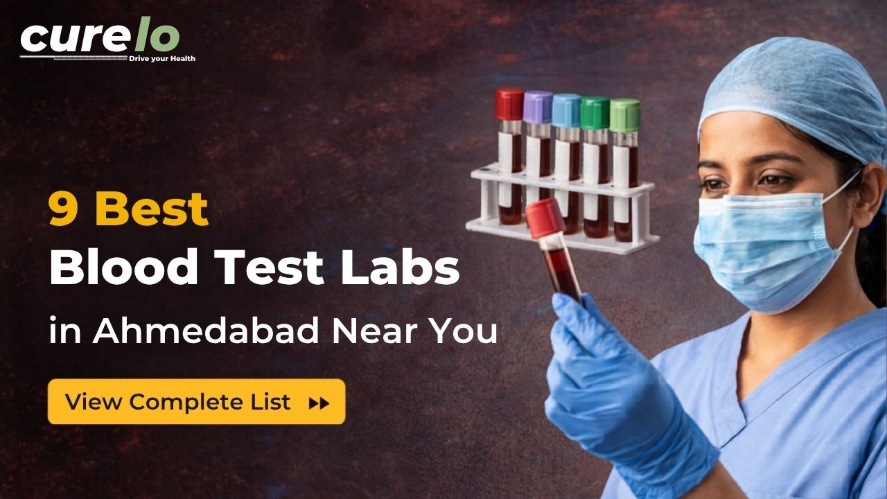 Patient getting a blood sample taken at a pathology lab in Ahmedabad.