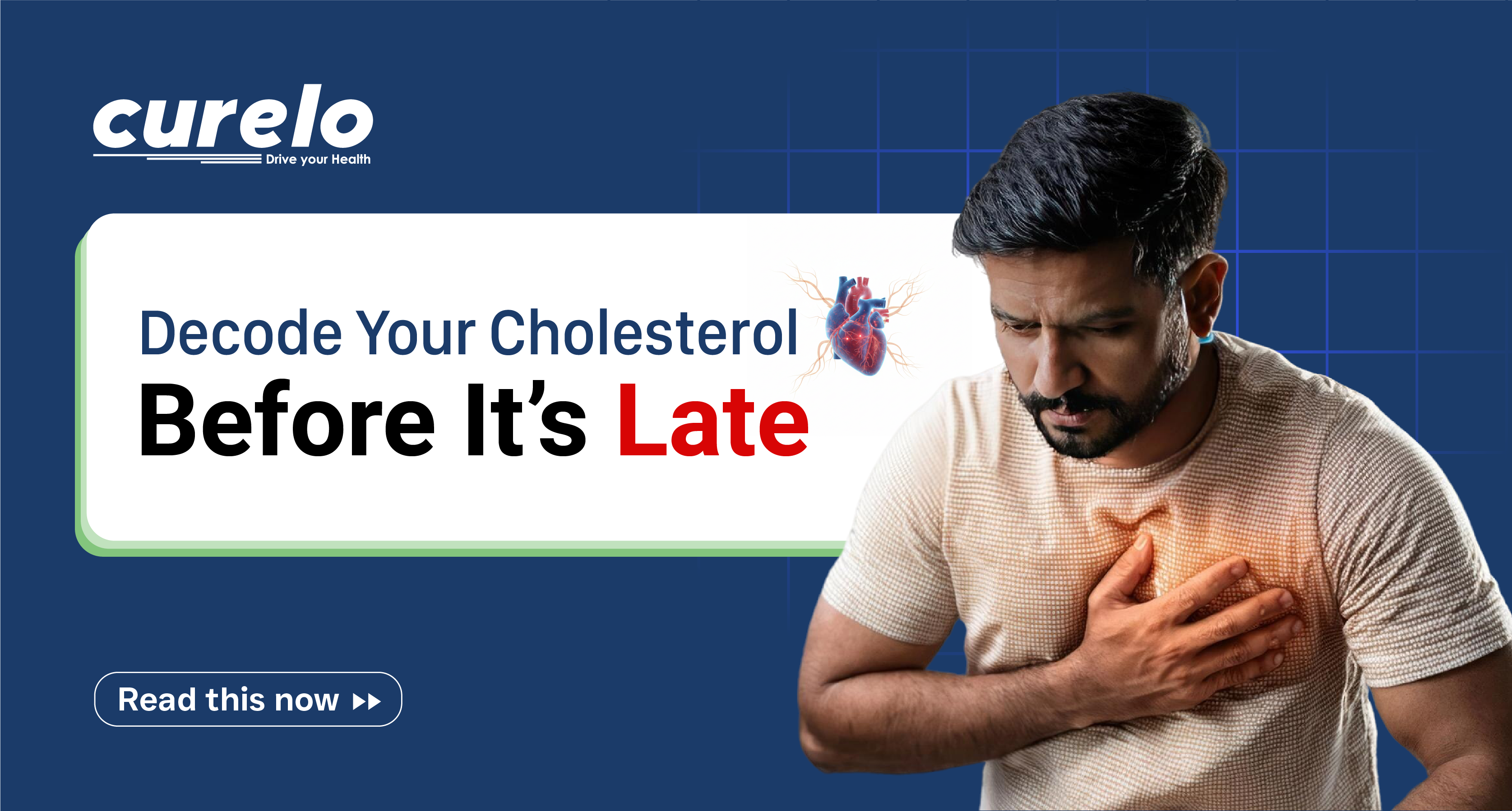 Lipid Profile Test: Meaning of Your Cholesterol Report Man experiencing chest pain with a heart health warning message about decoding cholesterol reports.