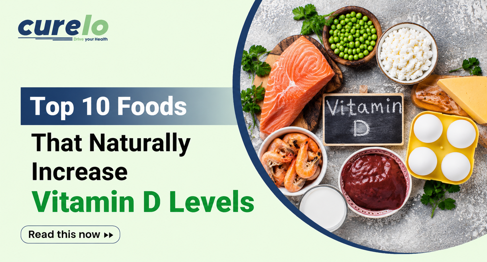 Top 10 foods that naturally increase Vitamin D levels including fish, eggs, milk, cheese, and healthy nutritious foods banner design.