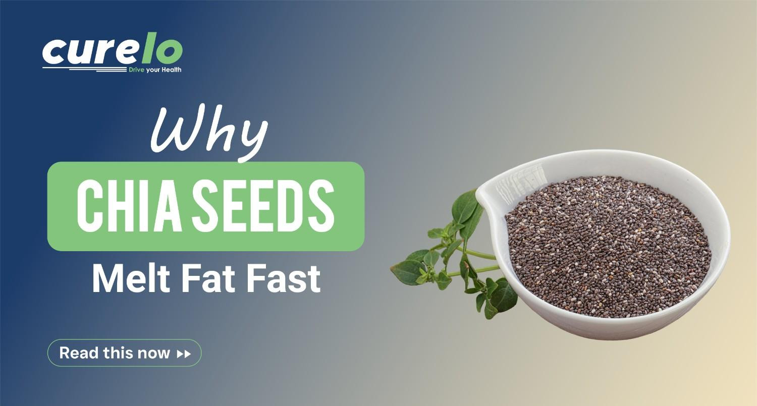 A white bowl filled with organic chia seeds next to a green mint sprig, with text overlay reading "Why Chia Seeds Melt Fat Fast" and the Curelo logo.