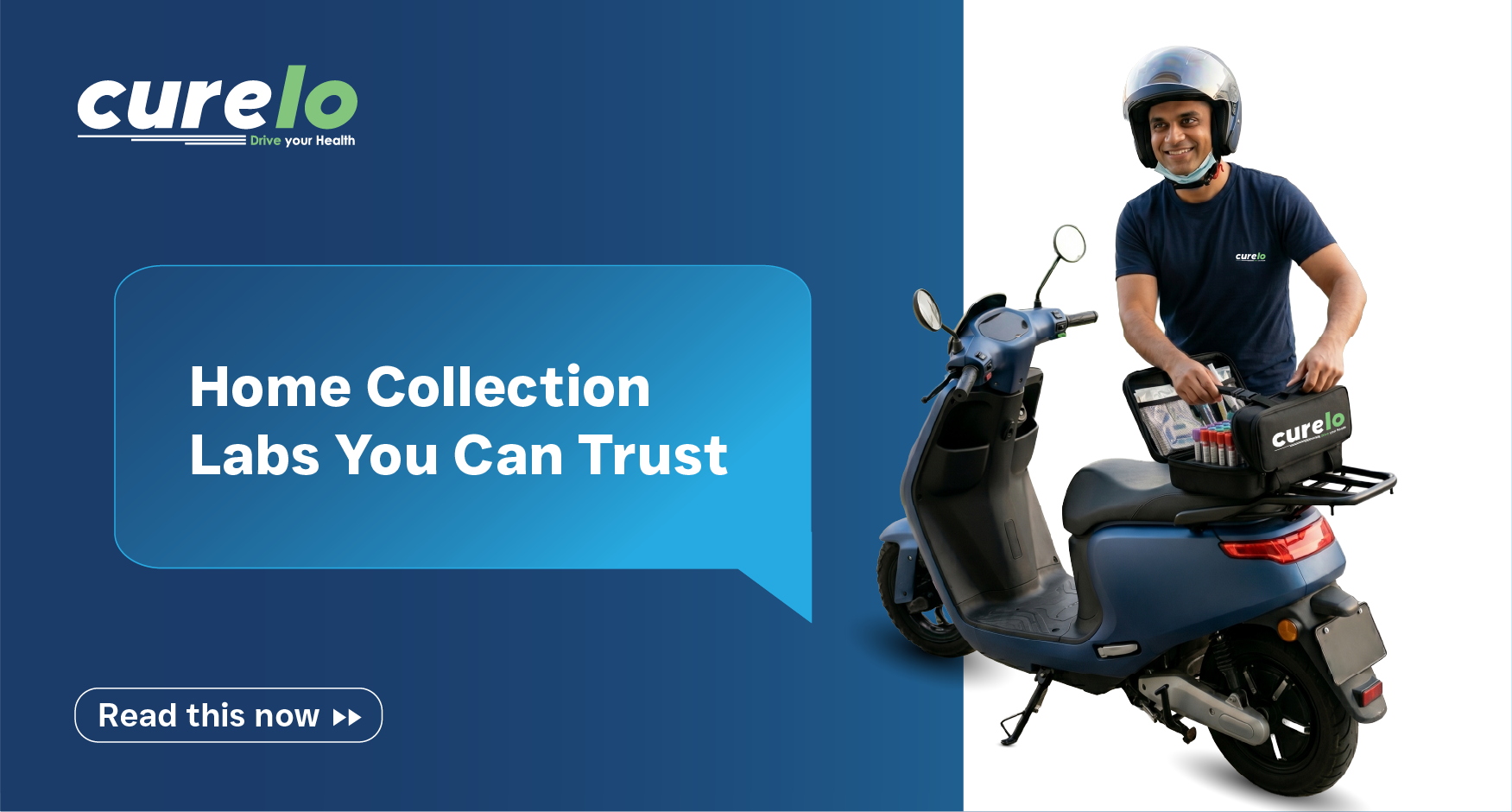 Curelo healthcare professional on a scooter providing trusted home lab sample collection services.