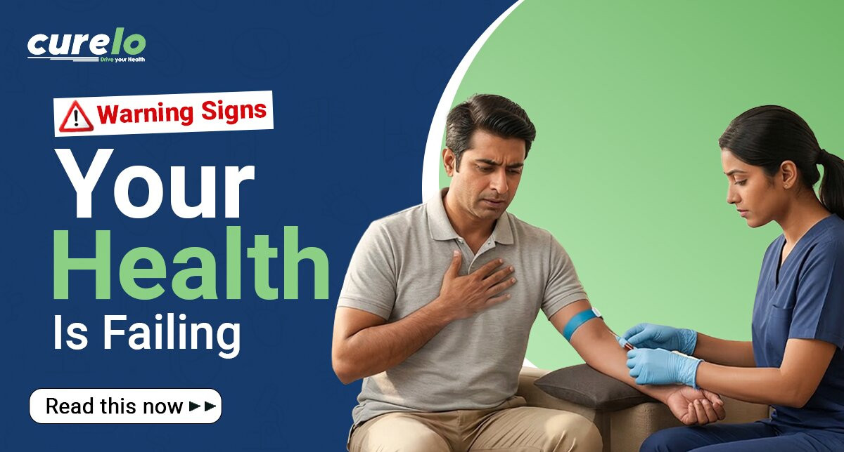 Infographic displaying 7 warning signs of serious illness like fatigue, chest pain, and weight changes.