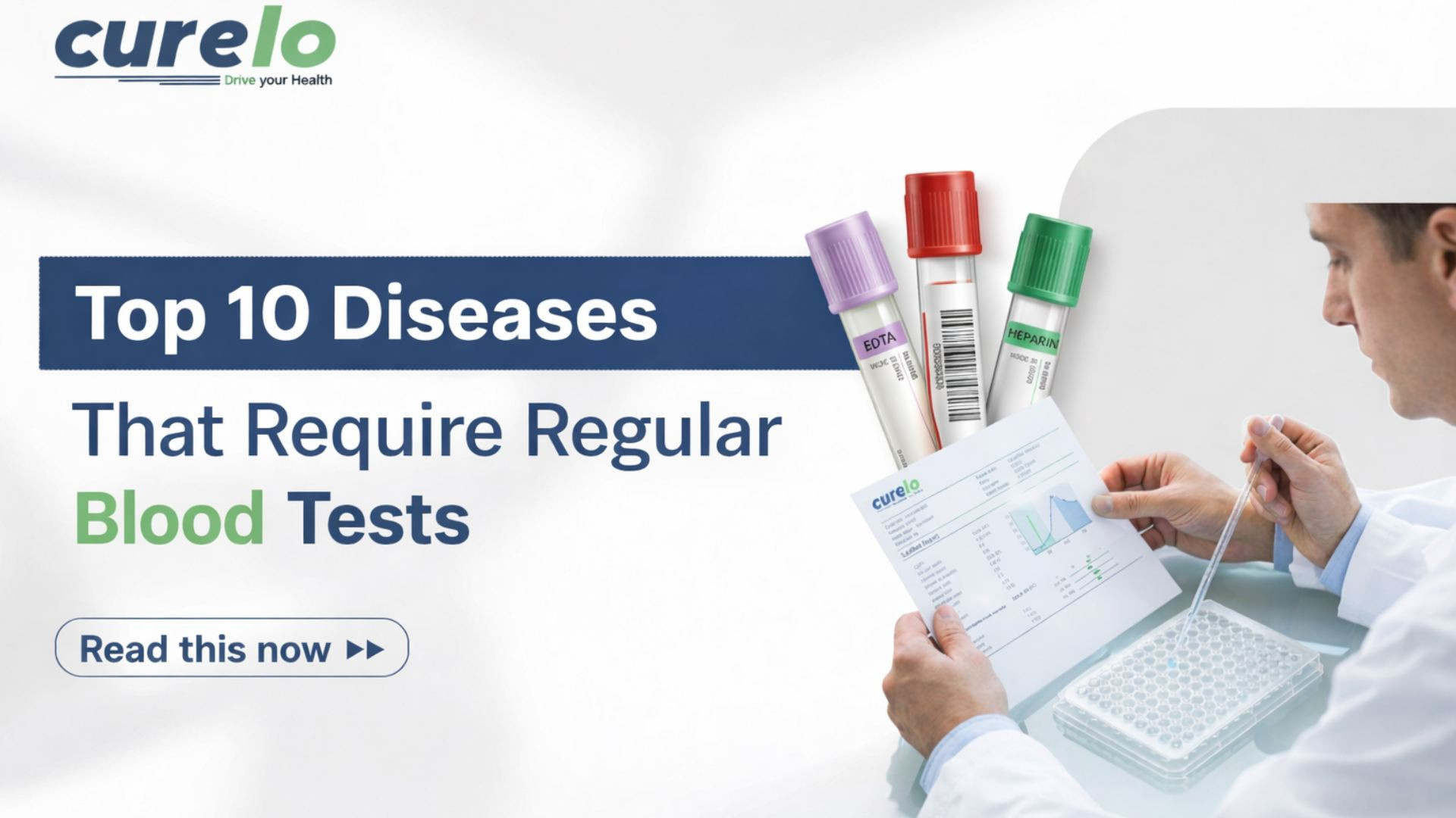 A medical professional analyzing blood test results next to EDTA and Heparin collection tubes.