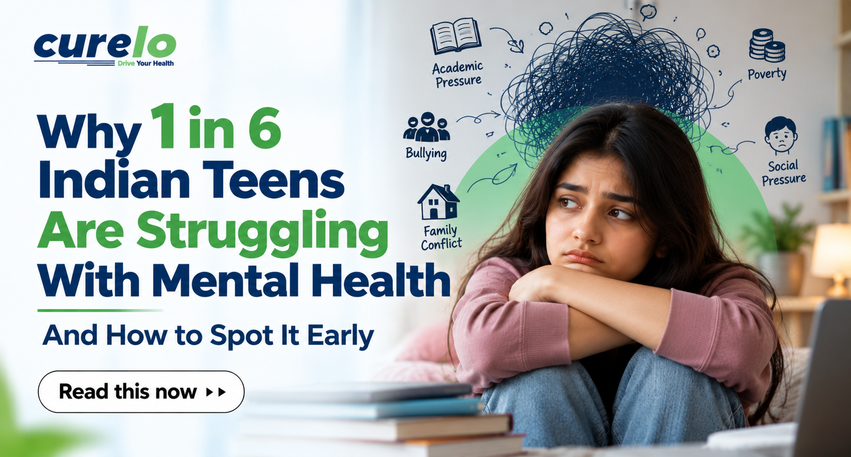 Teenager sitting alone in calm blue toned mental health awareness image