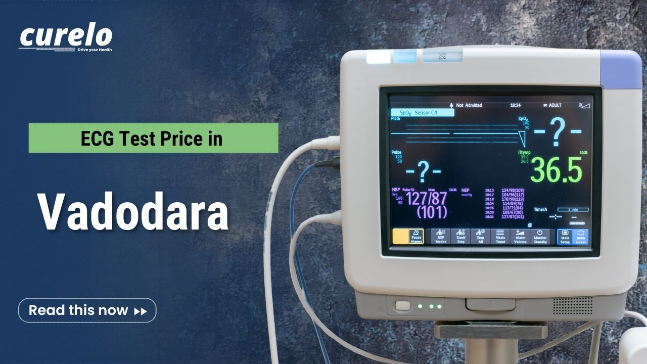 Medical monitor showing heart rate and vitals for an ECG test in Vadodara.