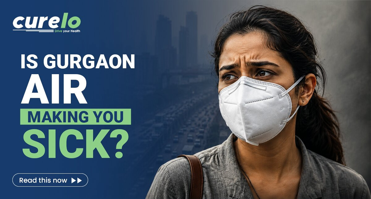 A person wearing an N95 mask against a smoggy urban skyline background in Gurgaon.
