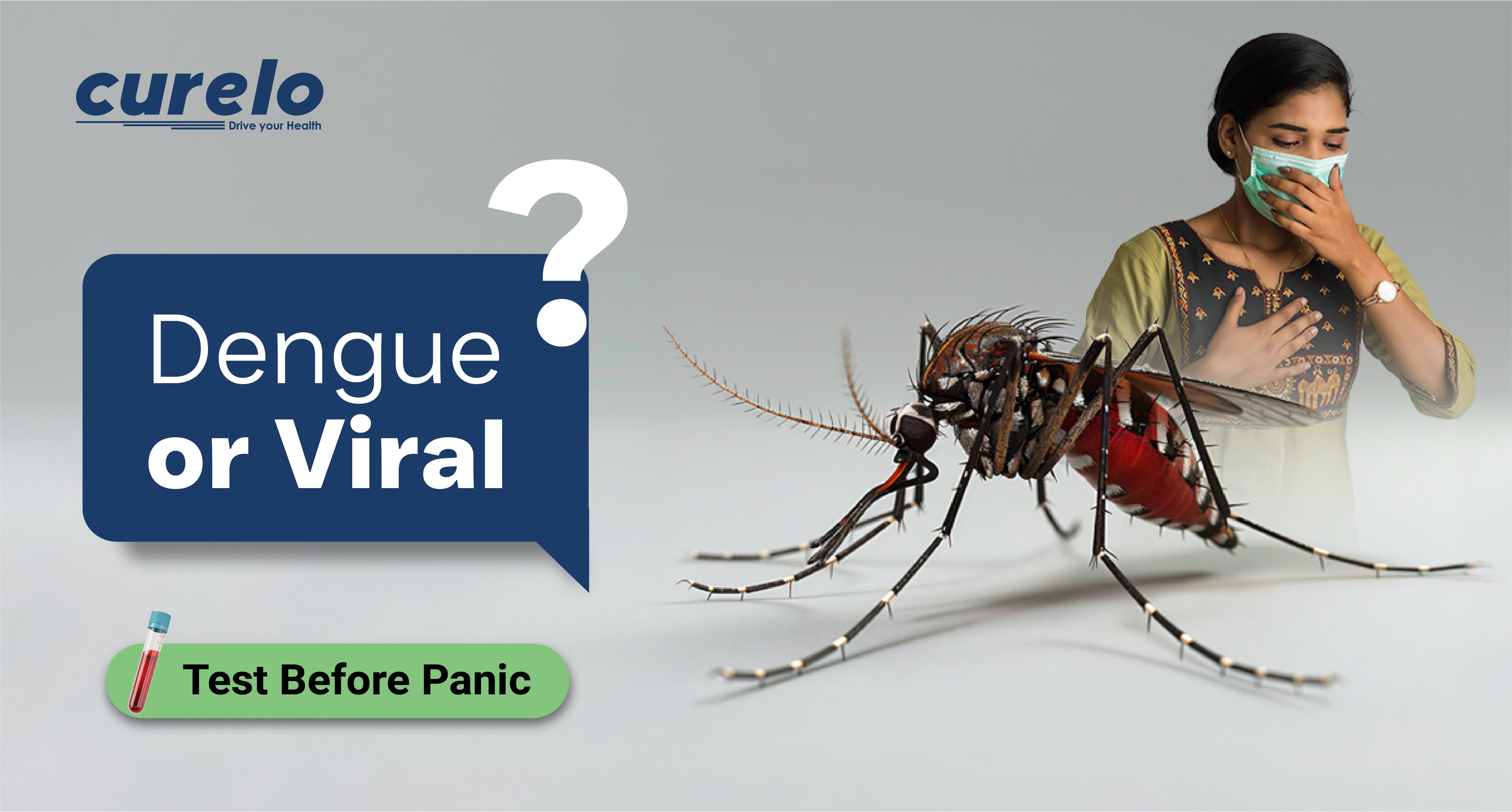 Dengue vs. Viral Fever: Which Blood Test Do You Need? A woman wearing a mask next to a large mosquito with the text "Dengue or Viral? Test Before Panic," representing diagnostic awareness for seasonal infections.