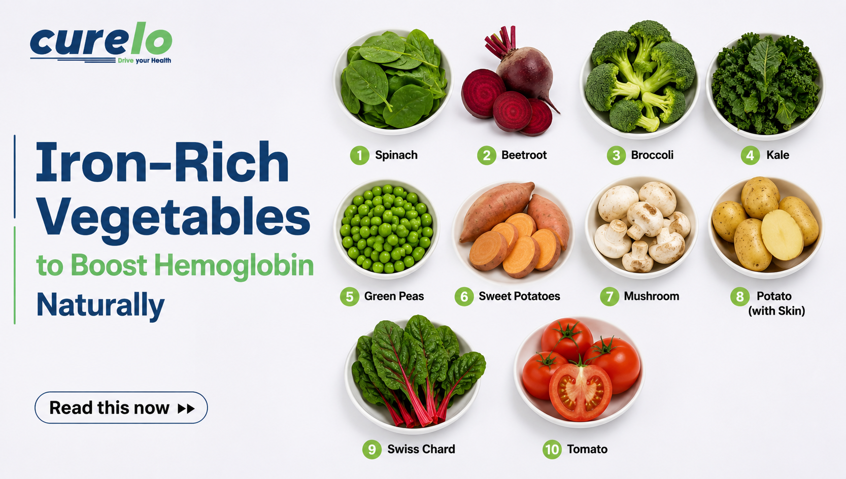 Iron-rich vegetables including spinach, beetroot, broccoli, peas, and tomatoes for boosting hemoglobin naturally.