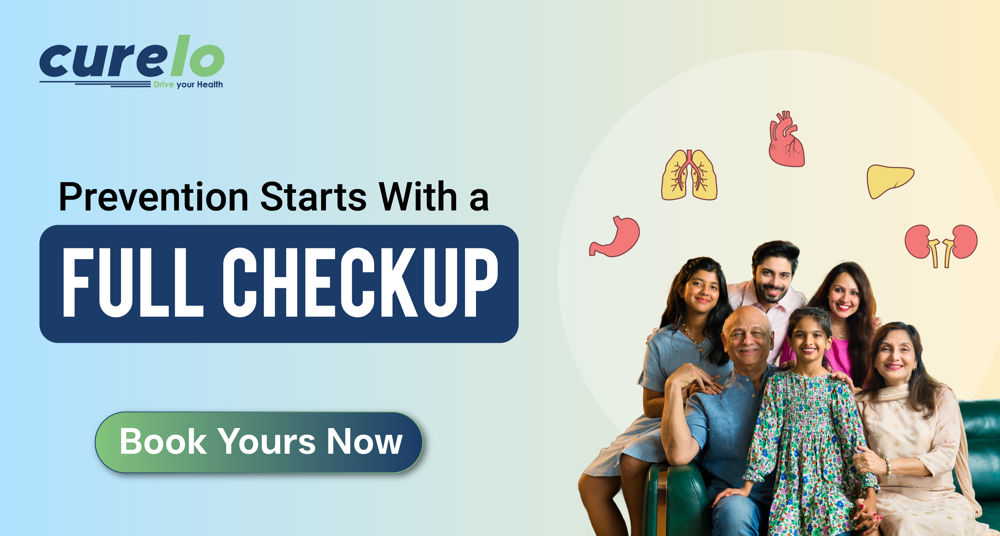 Happy Indian family sitting together for preventive health checkup by Curelo