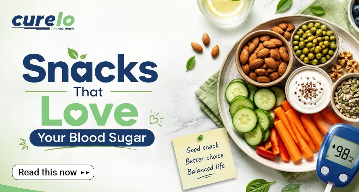 Healthy diabetes-friendly snacks including nuts, boiled eggs, yogurt, and vegetables