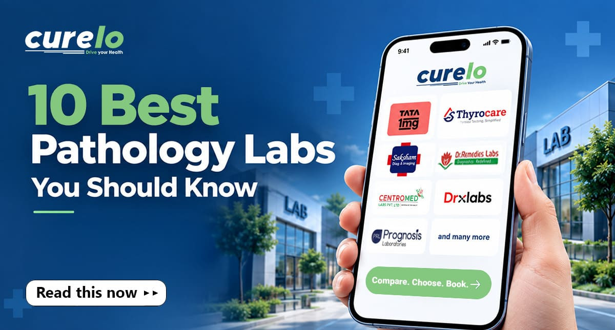 Infographic comparing top 10 pathology labs in India for blood tests, prices, and home sample collection