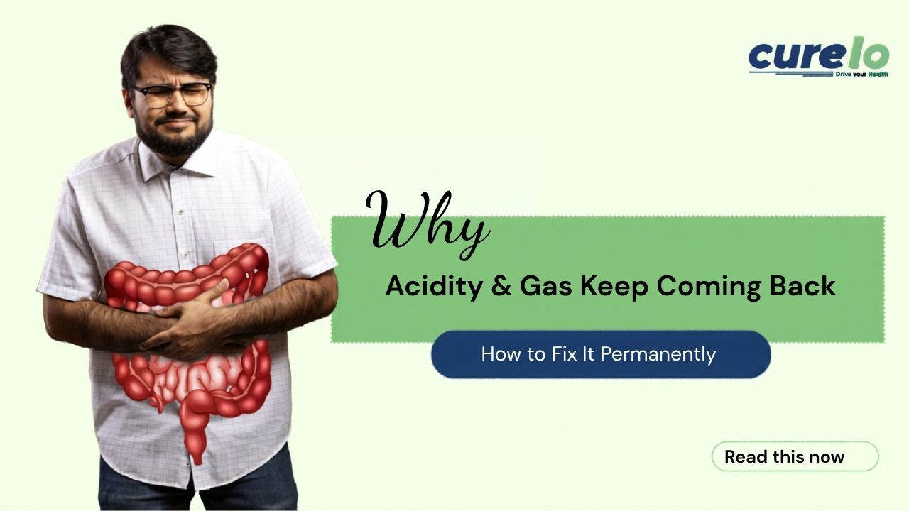A man experiencing stomach discomfort with an anatomical illustration of the intestines, featuring text "Why Acidity & Gas Keep Coming Back."