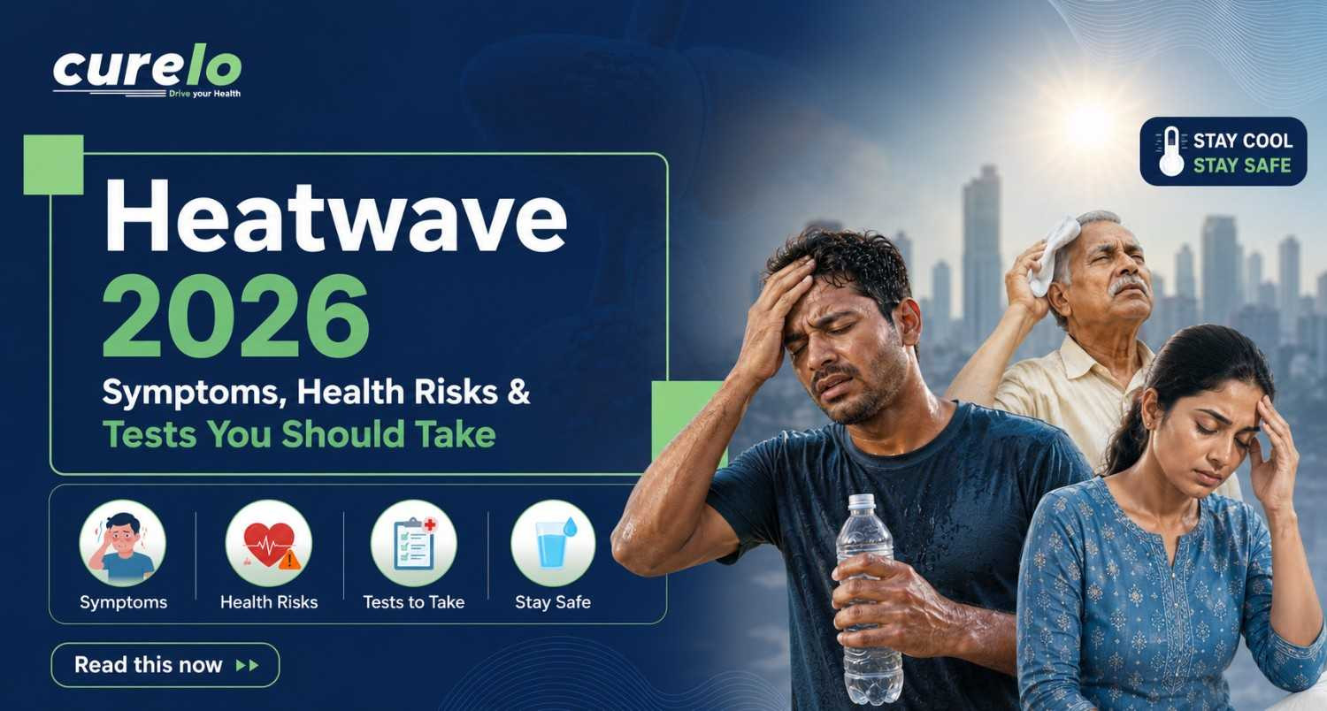 Infographic showing symptoms of heatstroke vs heat exhaustion and recommended medical tests for summer.