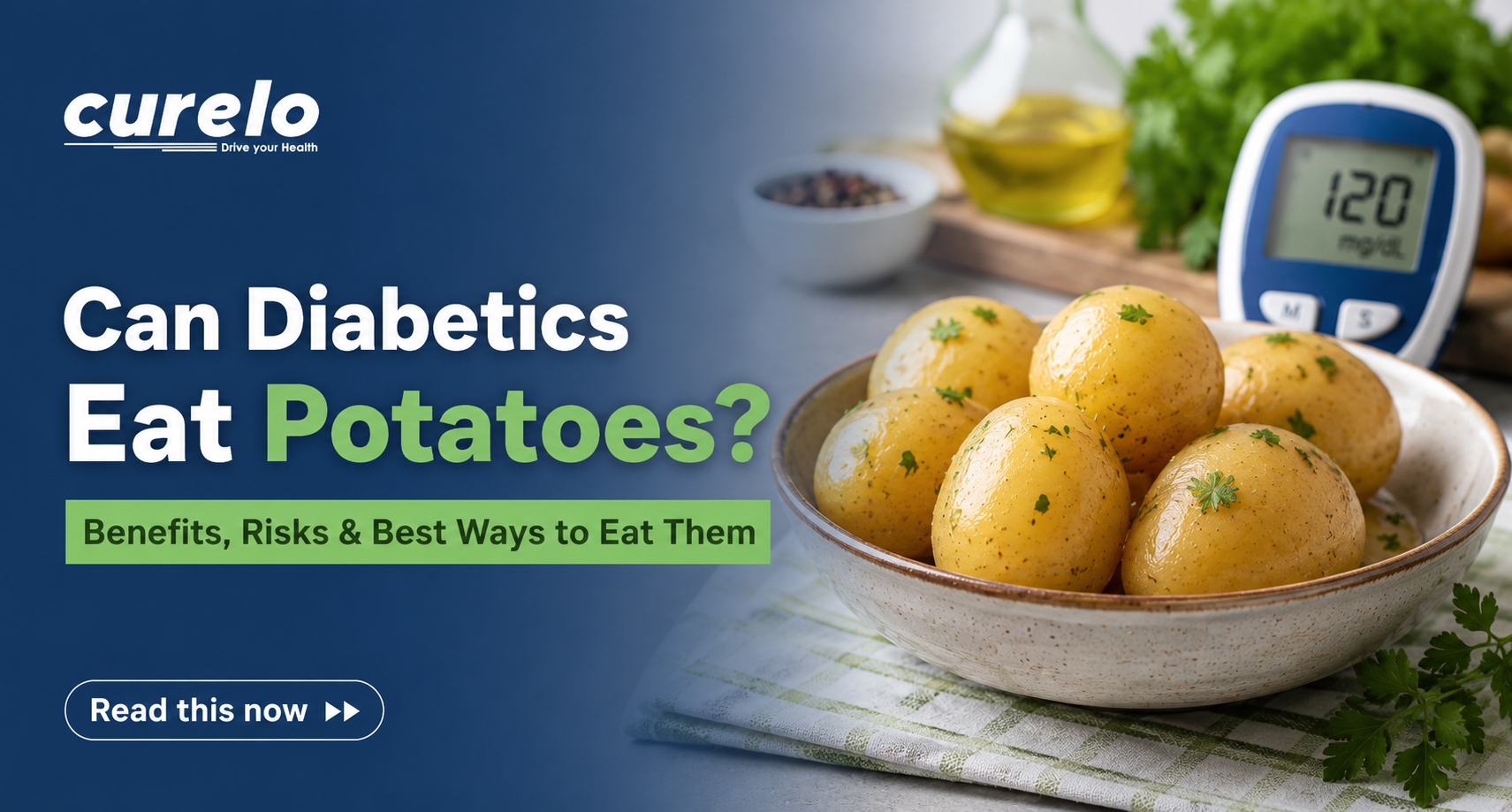 Can Diabetics Eat Potatoes? Benefits, Risks and Best Ways to Eat Them – Potatoes, blood sugar monitor and diabetes-friendly meal