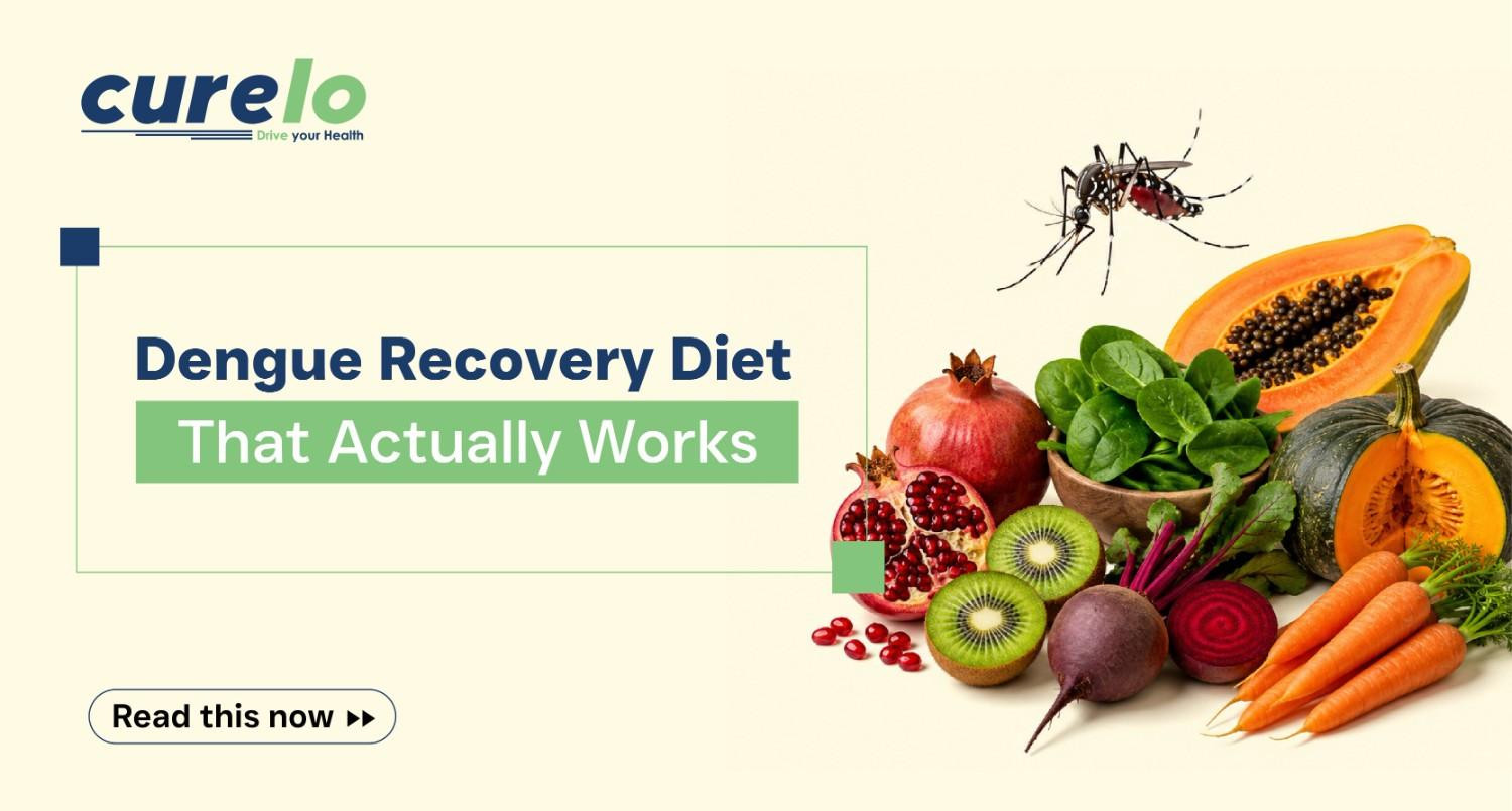 Dengue recovery diet infographic showing healthy foods like pomegranate, kiwi, and papaya to boost platelet count