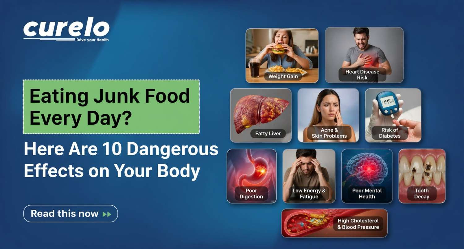 Infographic showing the 10 dangerous health effects of eating junk food daily