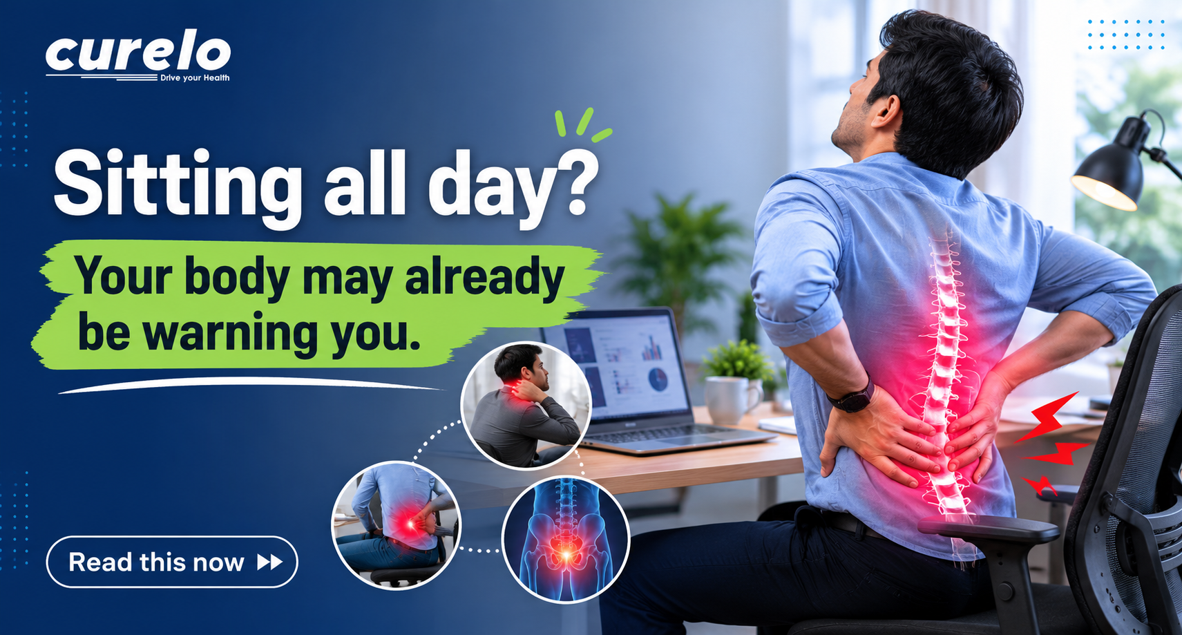 Person experiencing pelvic and lower back pain while sitting for long hours at a desk, highlighting pelvic floor dysfunction and posture-related discomfort.