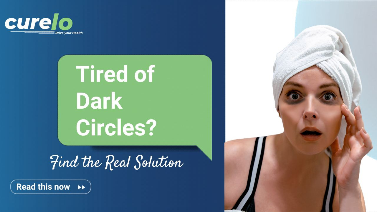A person holding a skincare product or gesturing towards their eyes, suggesting remedies for dark circles.