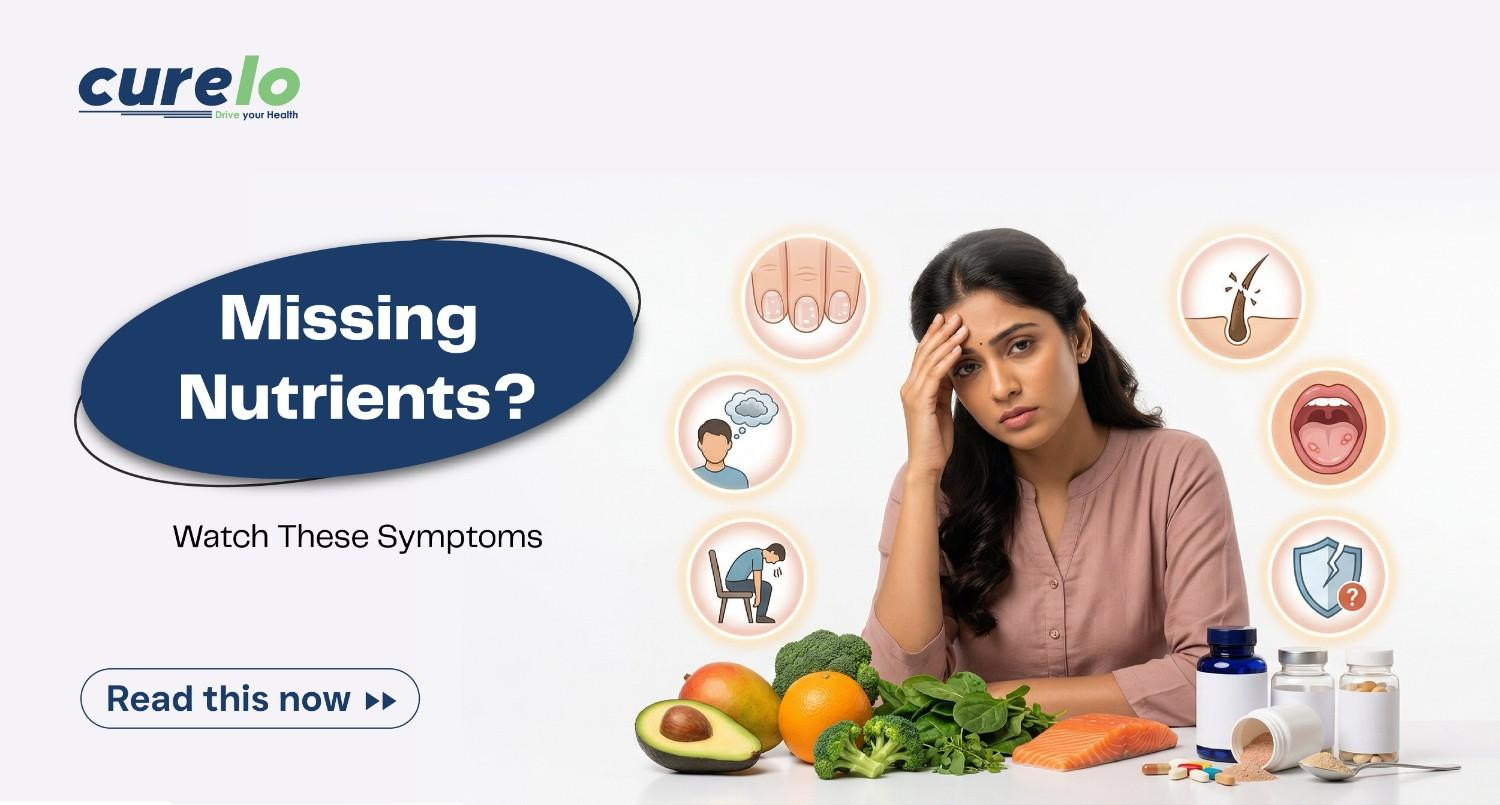 Infographic showing 10 signs of nutrient deficiency including fatigue, hair fall, and pale skin with a woman feeling unwell.