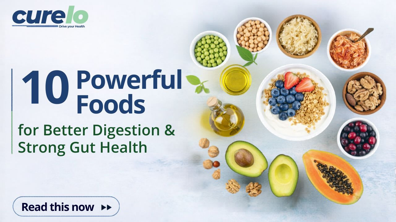 Boost your gut health with these 10 powerful foods now! A collection of gut-healthy foods including yogurt, bananas, ginger, and leafy greens.