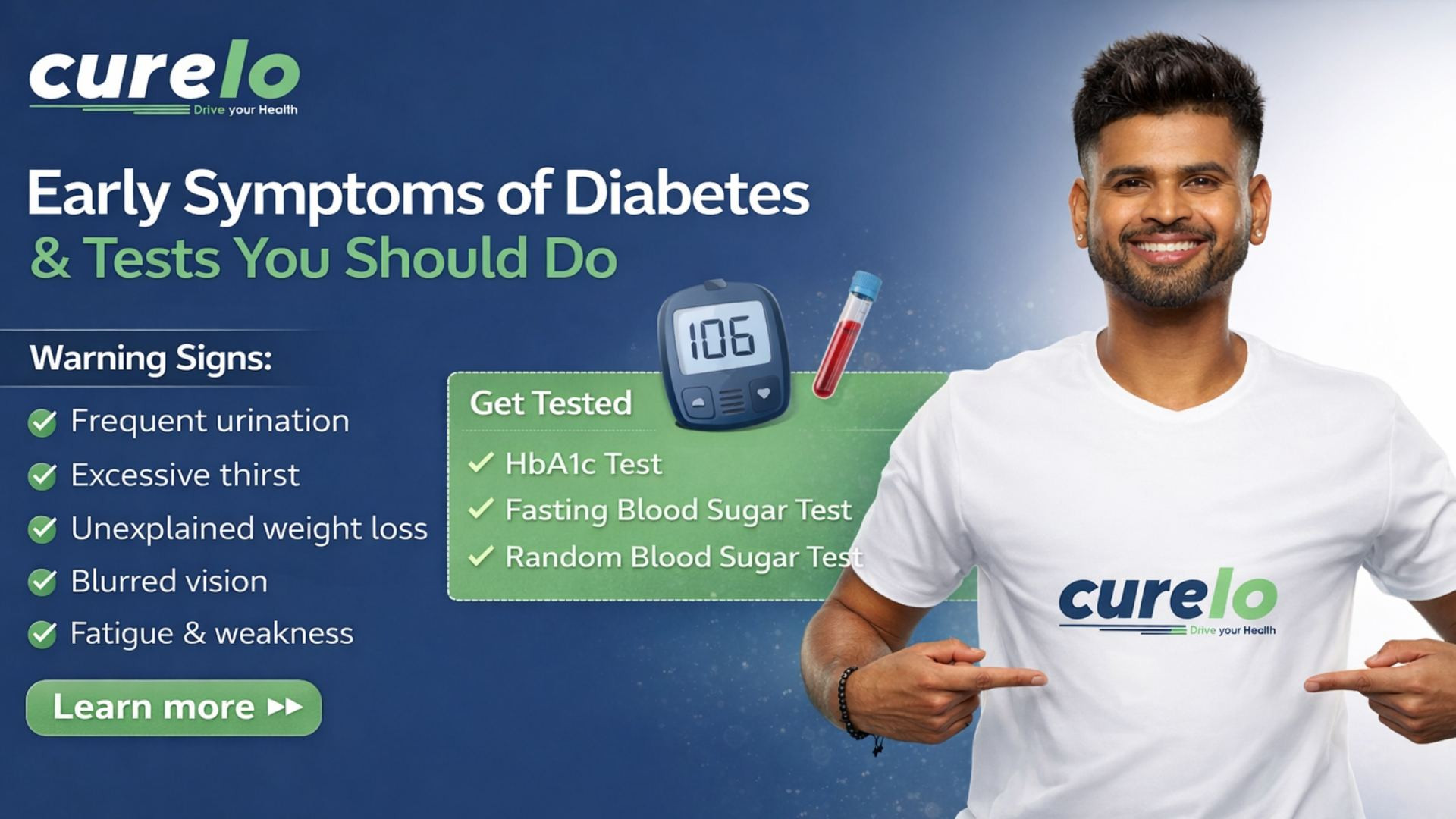 A Curelo health infographic showing early symptoms of diabetes like frequent urination and fatigue, plus diagnostic tests including HbA1c and Fasting Blood Sugar.