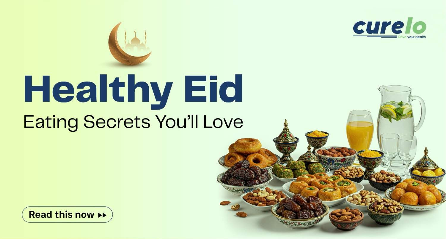 Eid 2026: Healthy Eating Tips & Guilt-Free Foods A festive spread of healthy Eid foods including dates, nuts, traditional sweets, and infused water with a "Healthy Eid" banner.