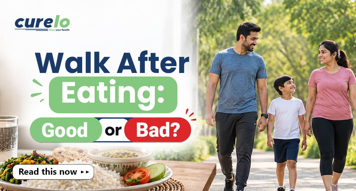 Infographic showing a person taking a walk after eating a meal for health benefits