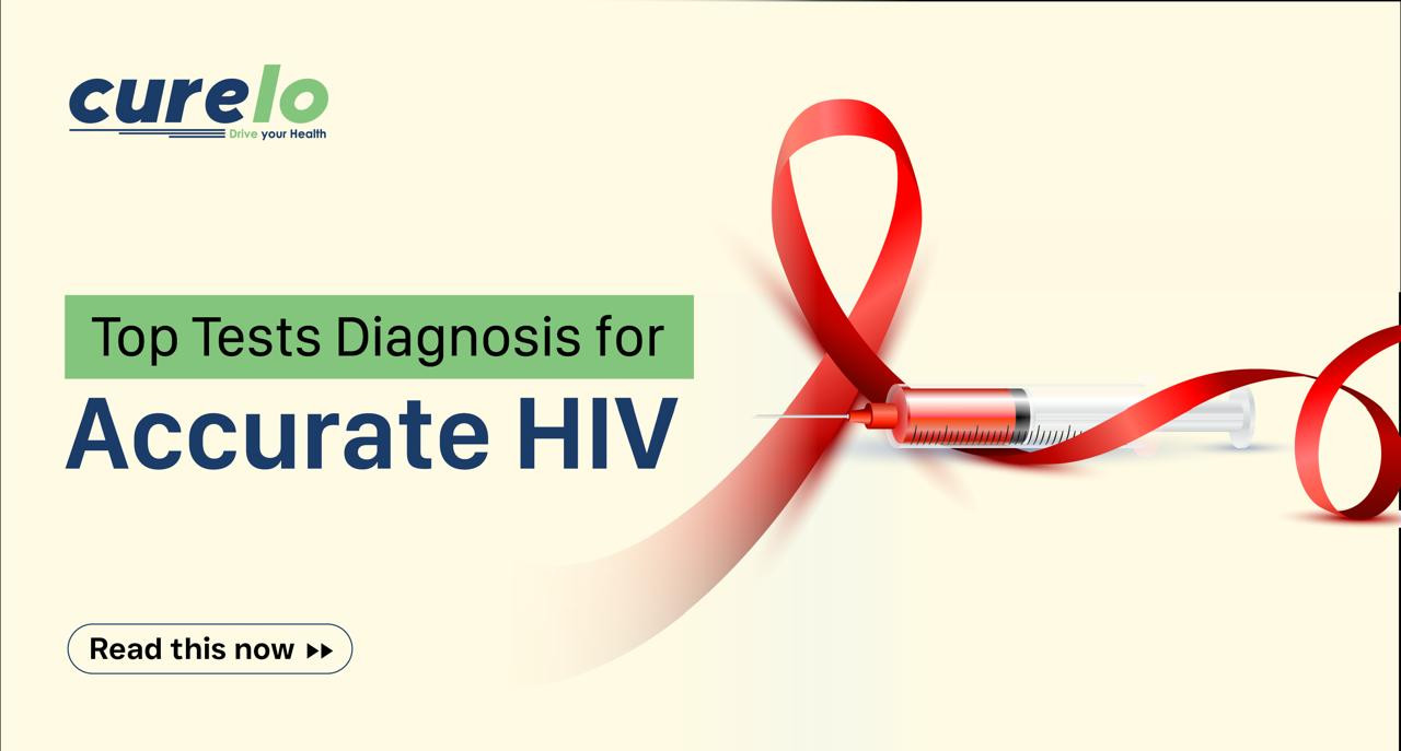 Top HIV Tests for Accurate Diagnosis banner featuring the red ribbon and a medical syringe by Curelo.