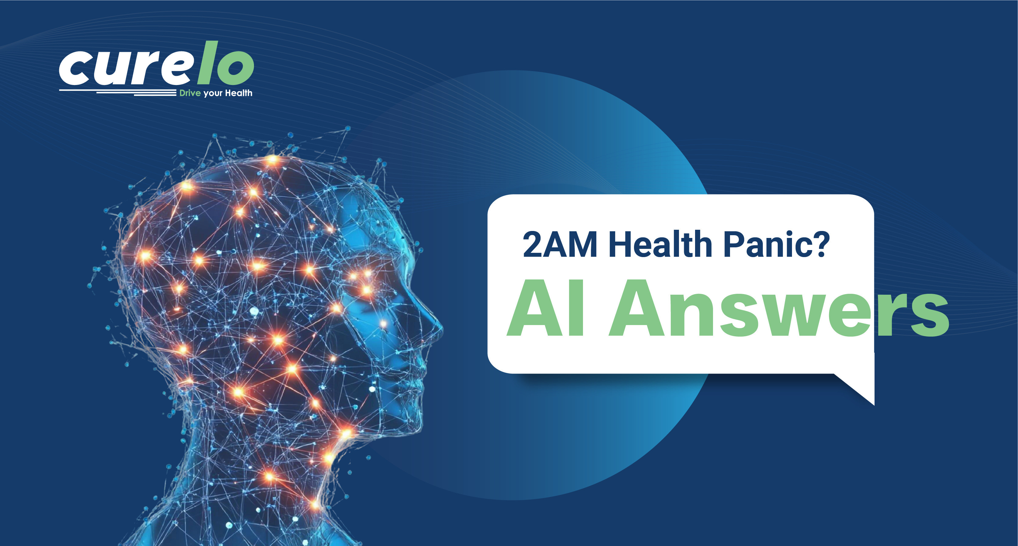 Curelo AI health chatbot graphic illustrating 2 AM health panic solutions with a digital head silhouette.