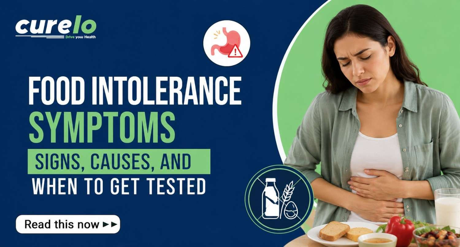 Infographic displaying common food intolerance symptoms like bloating, fatigue, and headaches.