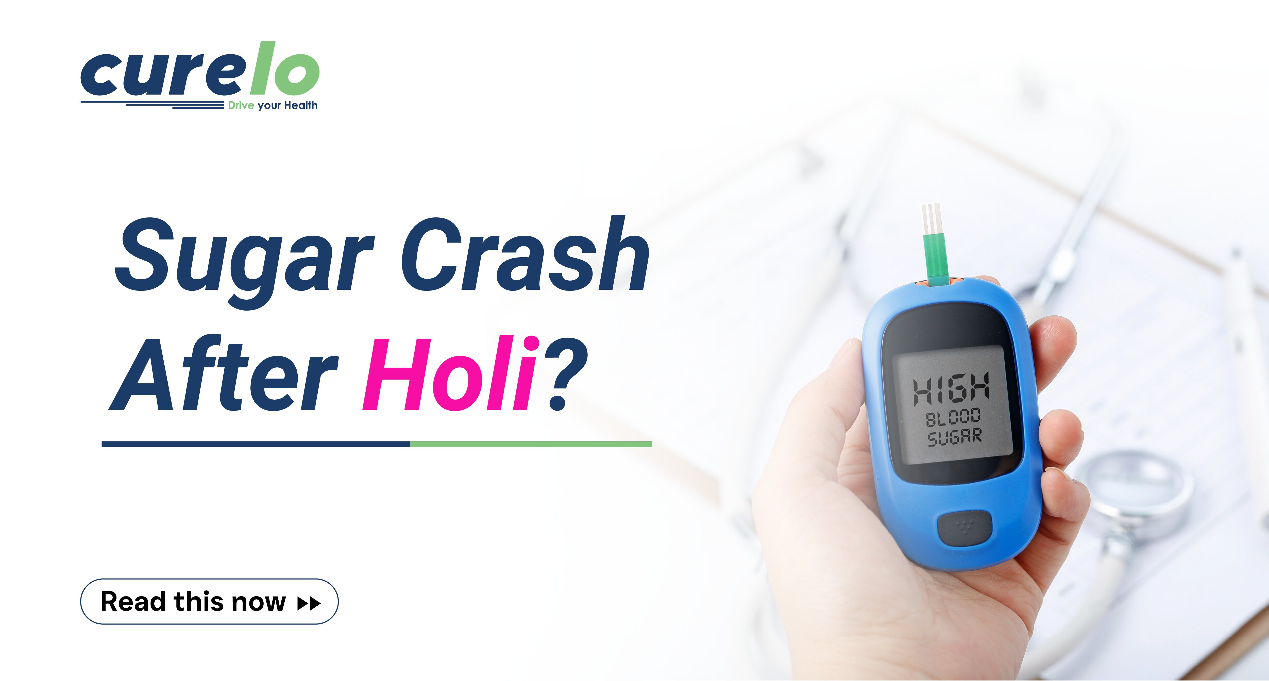 8 Warning Signs Your Body Needs a Health Check After Holi Sweets Glucose meter showing high blood sugar levels after Holi festival sweets