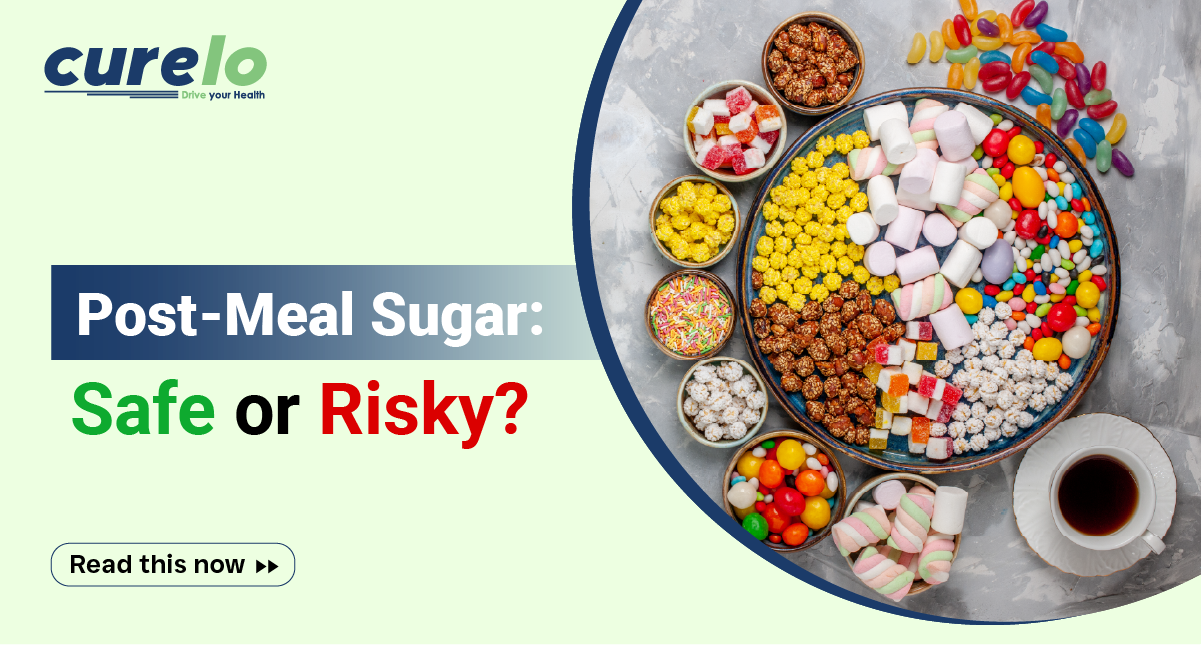 Post-meal blood sugar levels infographic by Curelo showing various sweets and coffee.