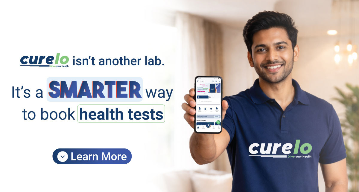 Man holding smartphone showing Curelo app for smart health test booking