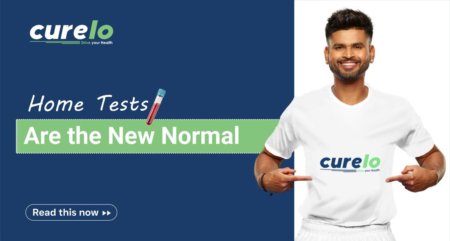 Curelo brand ambassador Shreyas Iyer pointing to a Curelo t-shirt, promoting home blood tests as the new normal for healthcare convenience.