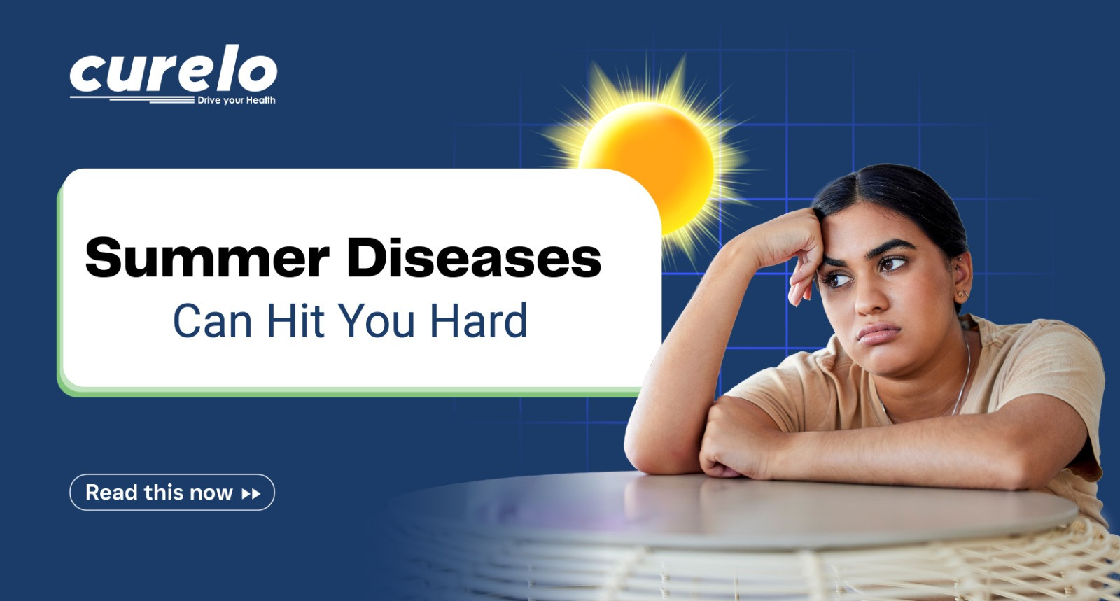 Summer diseases awareness banner with woman feeling tired in heat and sun illustration