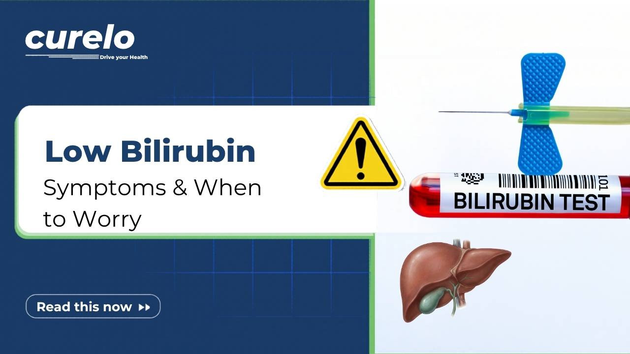 Infographic showing a liver illustration, a blood test vial labeled Bilirubin Test, and a warning sign with the text Low Bilirubin Symptoms & When to Worry by Carelo.